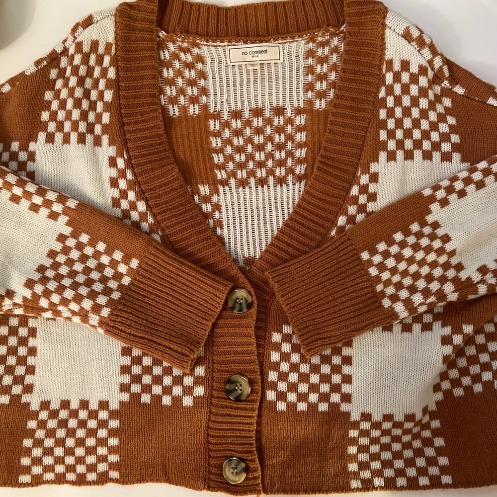Orange and White Cropped Checkered Women's Sweater